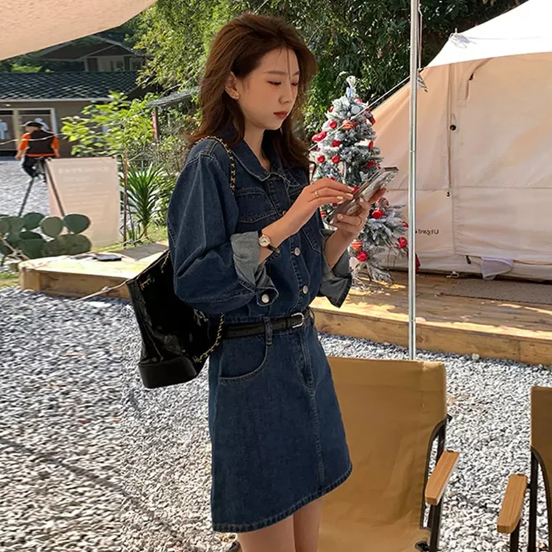 שמלת ג'ינס קצרה להרזיה לנשים אביב סתיו סגנון חדש עיצוב מותן גבוה בסגנון קולג' סגנון קולג' עם שרוולים ארוכים צווארון פולו חצאי...