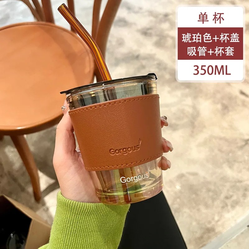 Creative Glass Coffee Cup With Lid Heat Resistant Tea Cups Mug With Straw 450Ml