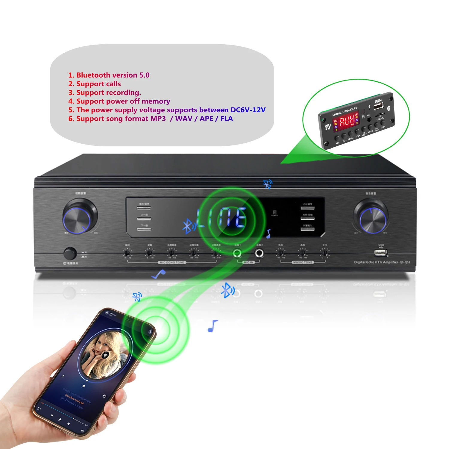 Car MP3 Lossless Music Audio Player Wireless Bluetooth MP3 Decoder Board FM Radio Module Support Folder Switching Call Recording