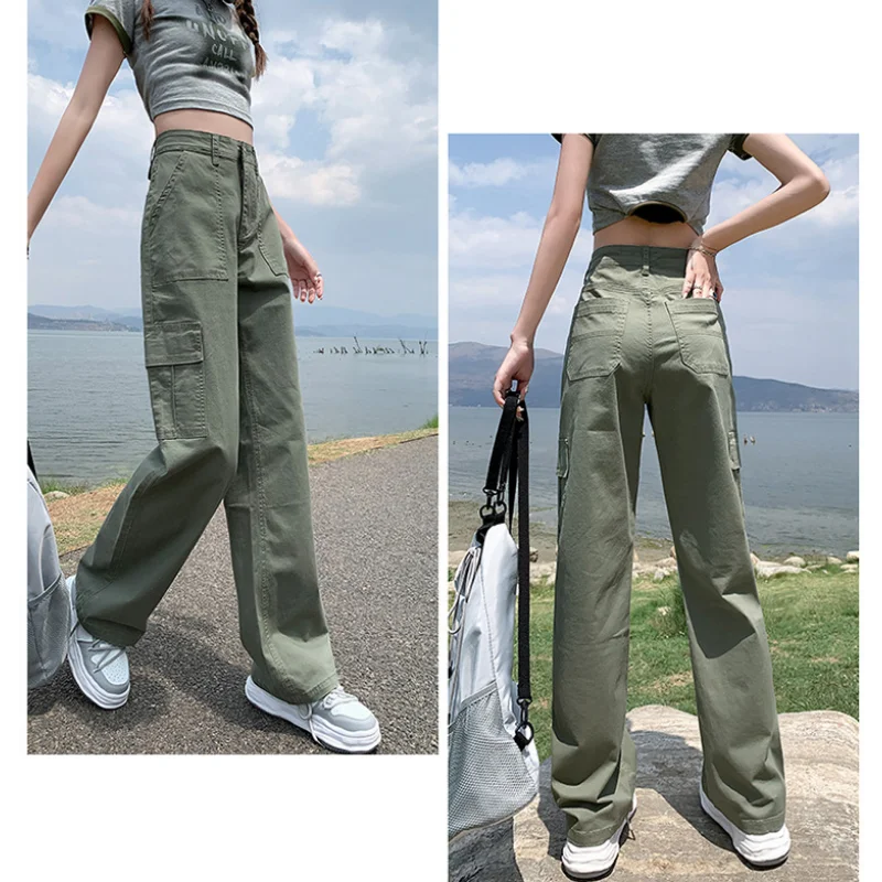 Summer Straight Trousers Overalls 2023  Women Cargo American Wide Leg Casual Pants High Waist Loose Slim Narrow Version Fashion harajuku women pu leather belts korean fashion punk narrow casual jeans dress trousers waist belt heart buckle for lady