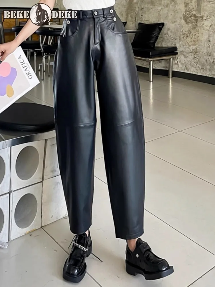 

Women High Waist Genuine Leather Pants Elastic Waist Casual Hip Hop Harem Pants Spring Casual Sheepskin Ankle Length Trousers