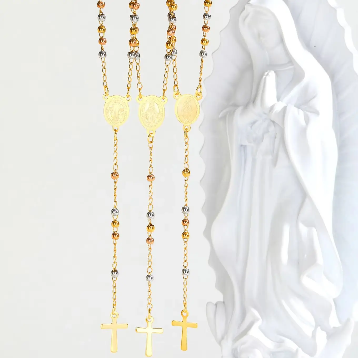 Vnox Dreifarbige Rosenkranz Jungfrau Maria Halskette für Frauen Edelstahl Modeschmuck Saint Benedict Kreuz Y-förmige Halskette