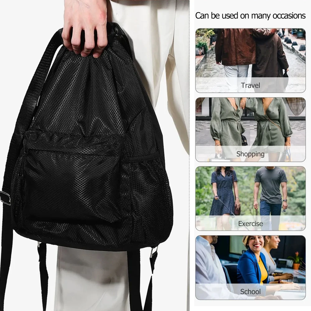 1Pcs Drawstring Backpack Water Resistant String Bag Sports Gym Sack with Side Pocket Zip Pocket for Men Women