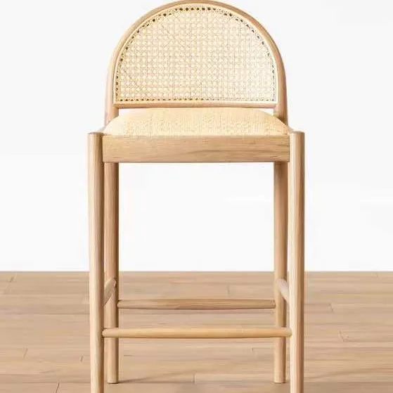 MORE DESIGN Wooden Coffee Cafe Shop White Cushion Armrest High Counter Dining Restaurant Wood Kitchen Bar Chair