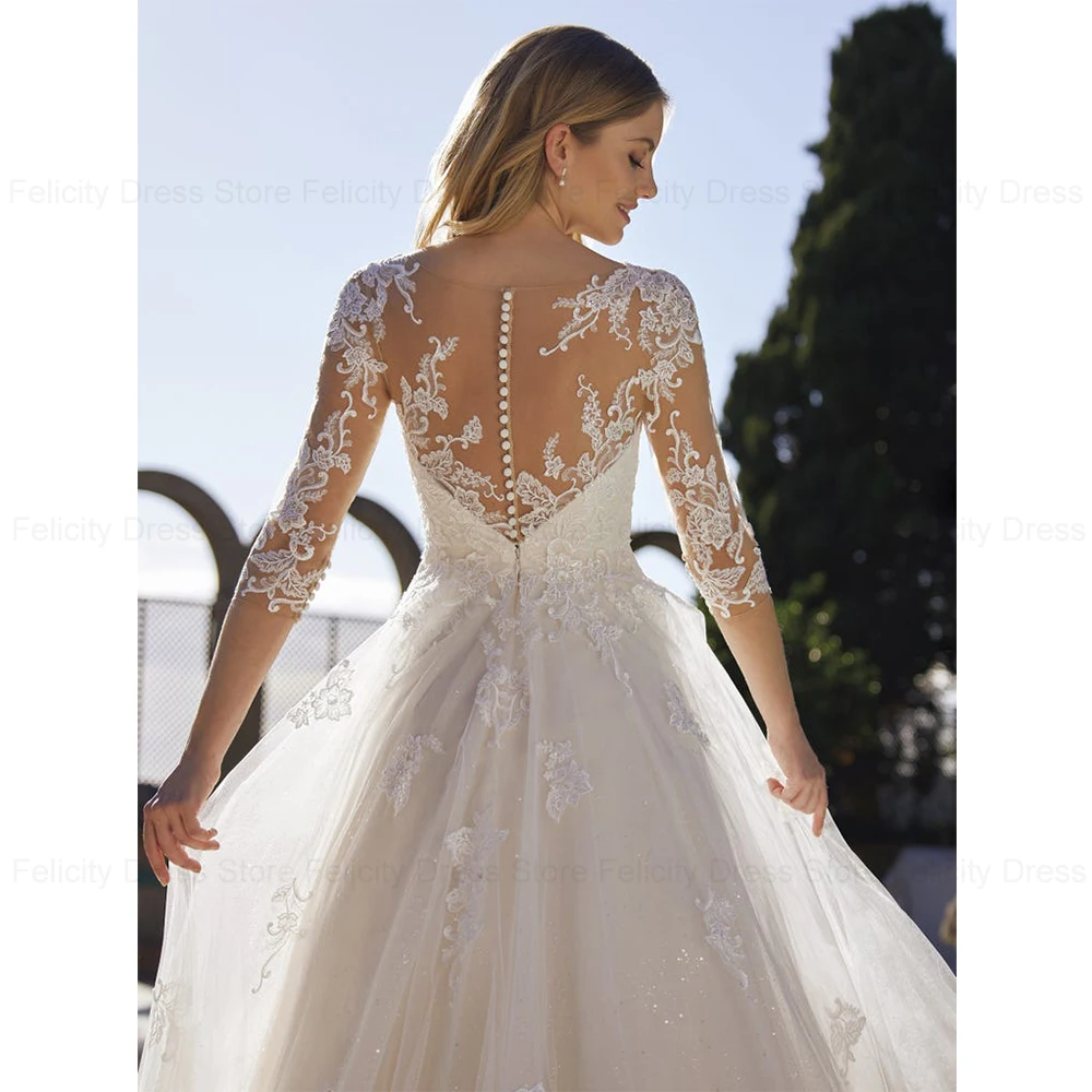 ANGEL Princess Lace Wedding Dresses For Woman Applique 3/4 Sleeves Bride Gowns A-Line Glitter Tulle Illusion Robe De Mariage 4