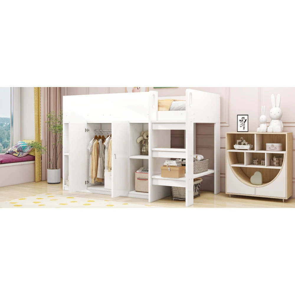 90*200cm Multifunktionales Hochbett mit Stauraum, Kleiderschrank und Regalen, Kinderbett mit Leiter und stabiler Konstruktion – Detail 19