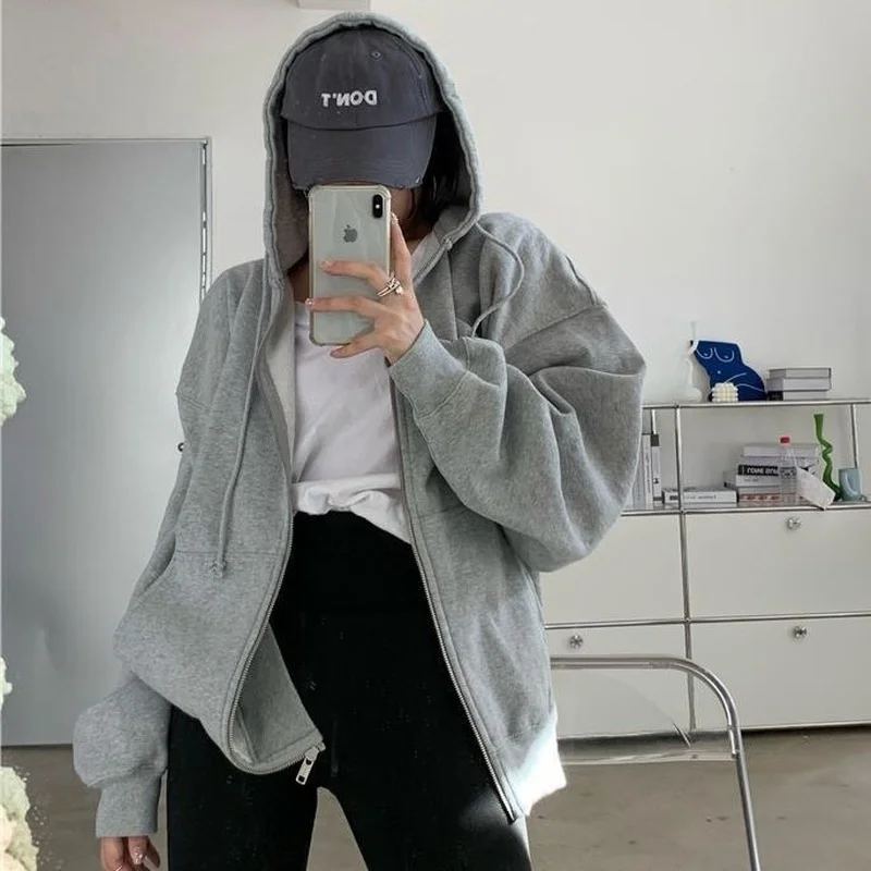 Oversized Hoodie Retro Pocket Women's Long Sleeve Pullover Kawaii Clothing Aesthetic Zipper Hooded Sweater Winter Jacket Tops