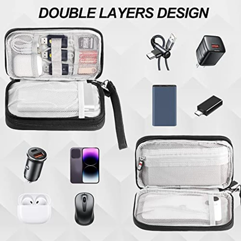 Data Cable Storage Bag Water Resistant Double Layers Pouch Carry Case For Cord,Phone,Charger