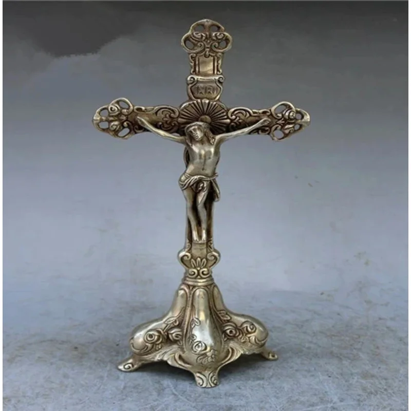 

Chinese antique pure white copper Jesus cross craft statue