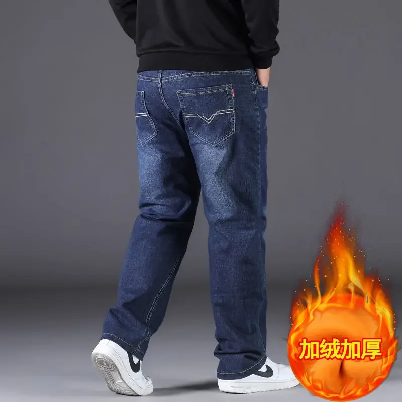 Big Size Baggy Jeans Men Autumn Winter Wool Denim Jeans Straight Pants Warm High Waist Elastic Trouser Blue Pants Men Clothing 4