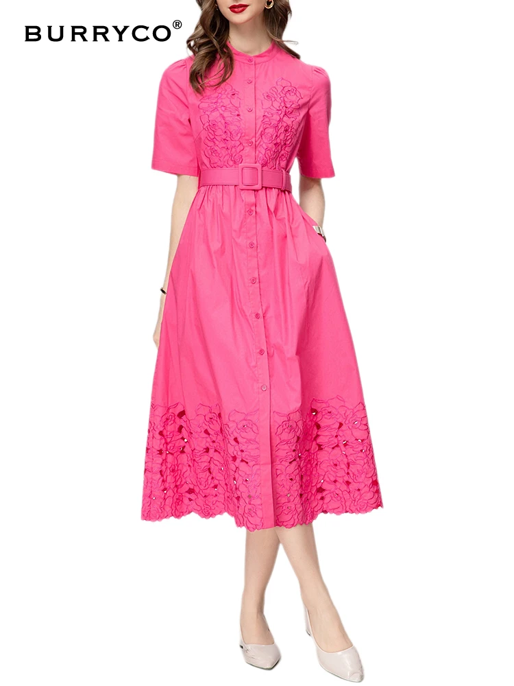 

BURRYCO 2024 Summer Women's New Round Neck Hollow Embroidered Luxury Style Slimming Dress