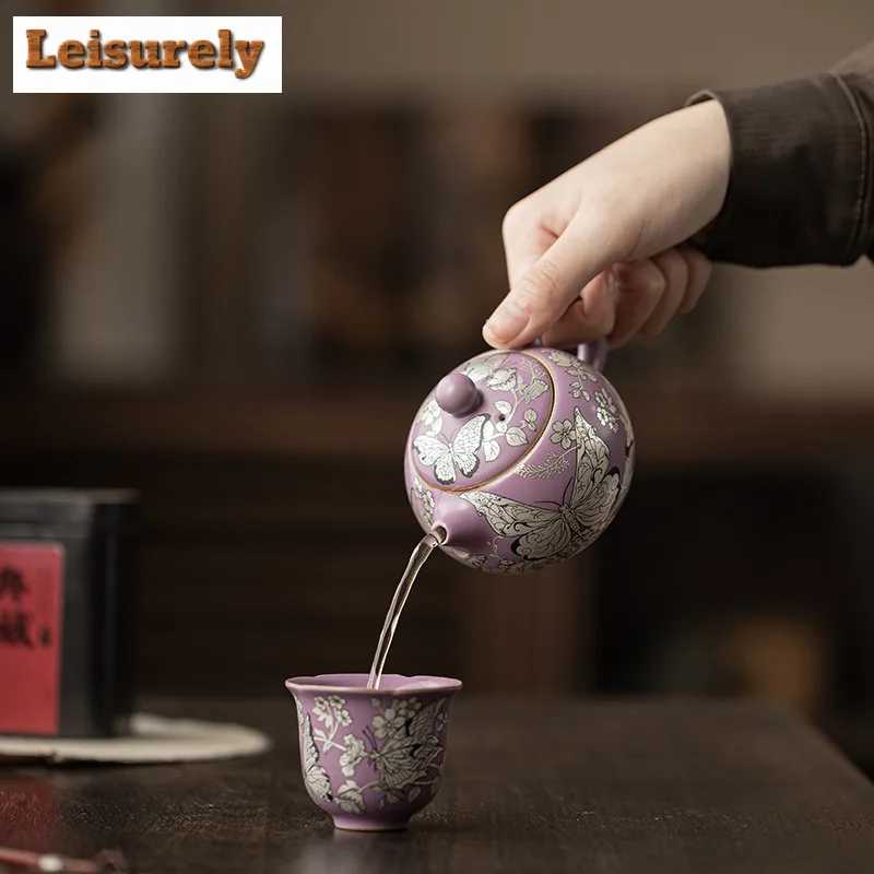 180ML Purple Ru Gilt Silver Butterfly Flower Xishi Teapot Japanese Tea Infuser Pot Tea Maker Kettle With Filter Teaware Craft