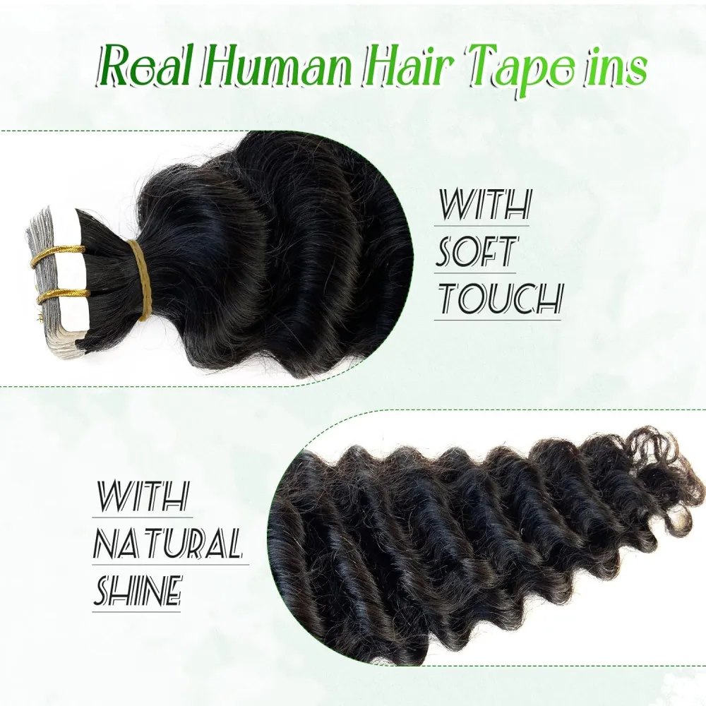 Curly Tape In Hair Extensions Deep Wave Tape Ins Hair Brazilian Natural Human Extensions 16-26 Inches Color #1B For Woman