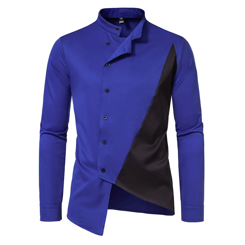 Blue Patchwork Long Sleeve Shirt Men 2023 Autumn New  Irregular Hem Tuxedo Dress Shirts Men Party Wedding Prom Chemise Homme XXL