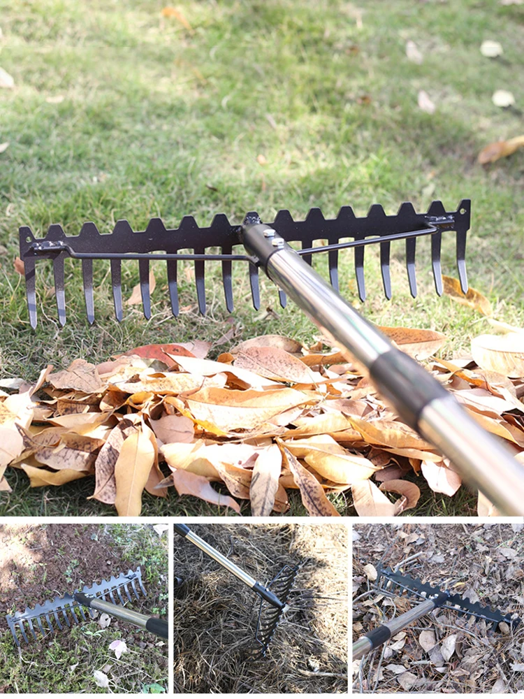 Farming Rake Stainless Steel Long Rake Harrow Multifunctional Grass Garden Cleaning Sorting Tool 17 Tooth Turning Soil Raking