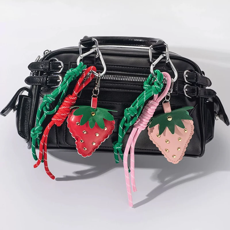 Woven Flower Strawberry Bag Pendant Braided Rope PU Leather Pendant Backpack Accessories Car Keyring Fruit Keychain