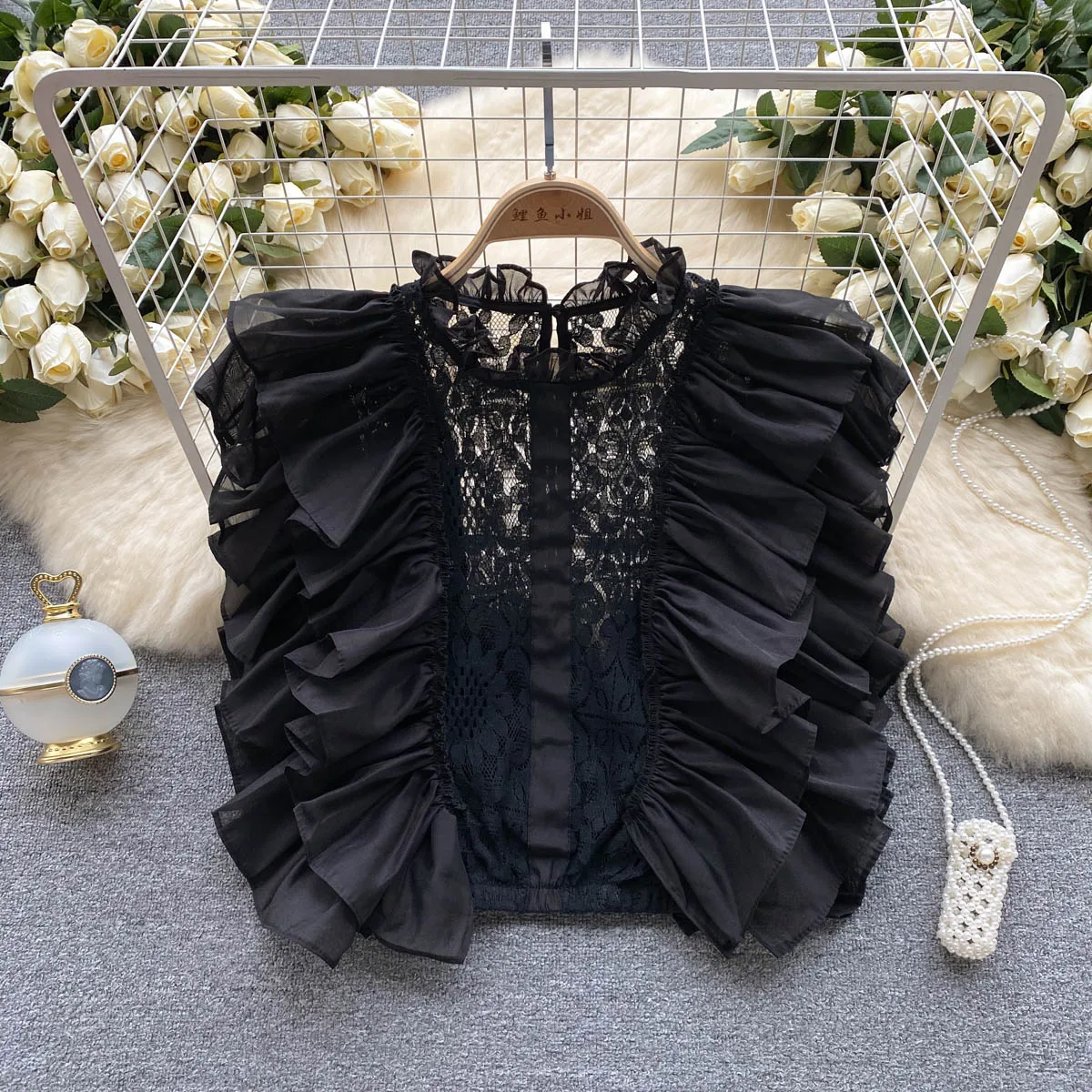 black lace ruffle blouse