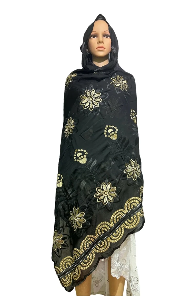 free shipping Hot Sale Fashion Muslim African Women Dubai Scarf Big Size Embroidery Cotton splicing with Net Women Hijab Scarf