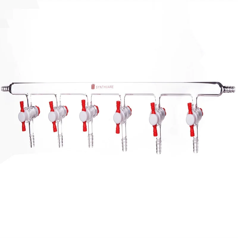 SYNTHWARE 단일 열 파이프 진공 가스 디스트리뷰터, 진공 매니폴드, PTFE 스톱코크, 붕규산염 유리, M49