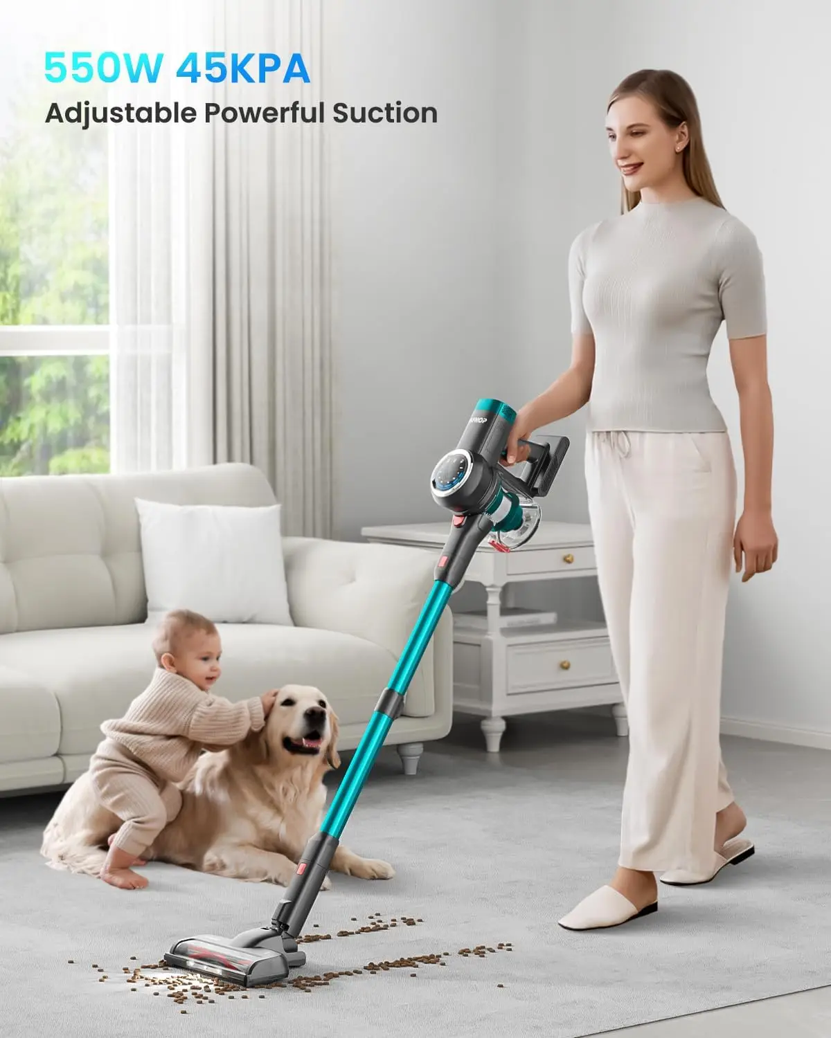 Cleaner, 550W/45Kpa/60Mins Vacuum Cleaners for Home, Self-standing Stick Vacuum with LED Display, Rechargeable Cordless Vacuum, 2