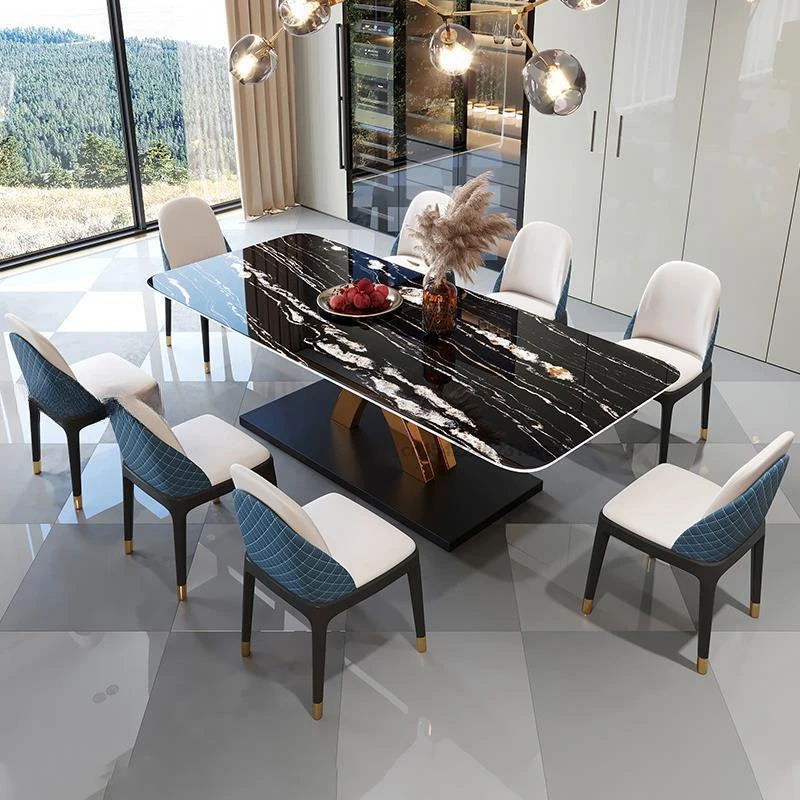 

Kitchen Rectangle Table Chair Combination Italian Household Furniture Board coffee Tabletop Stainless Steel Base Dining Table