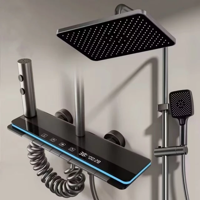 ดิจิตอลจอแสดงผลชุดฝักบัวก๊อกน้ําระบบชุดร้อนเย็นปุ่มเปียโน Ambient Light ห้องน้ําก๊อกน้ําหัวฝักบัว 1