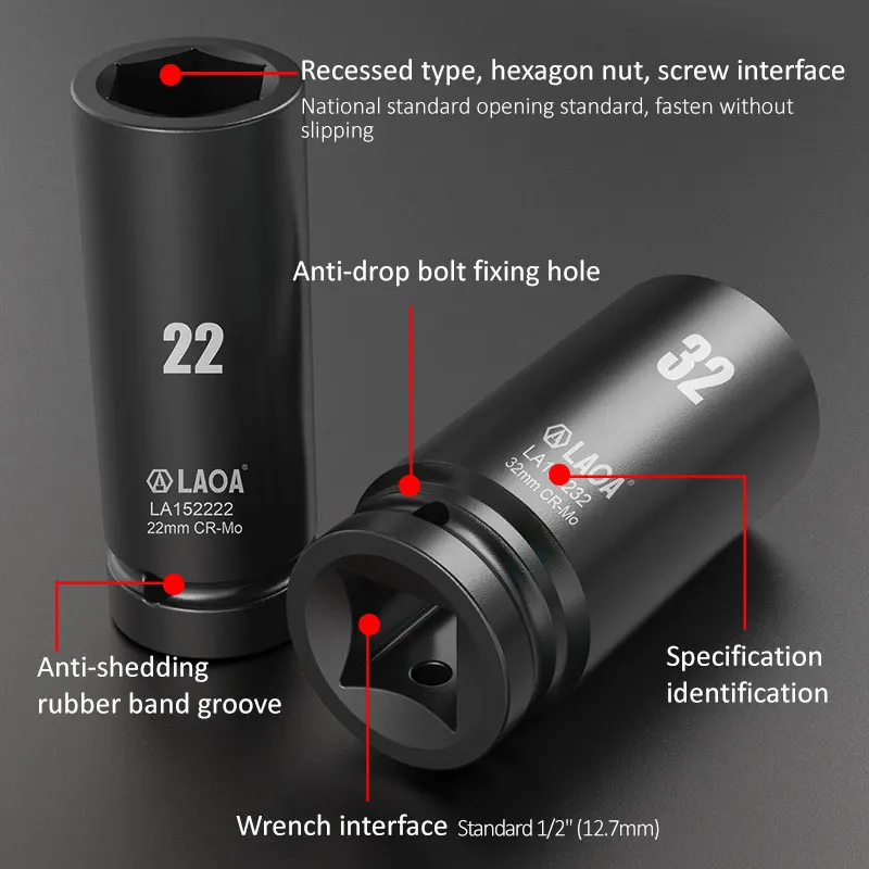 LAOA 17-32mm Hex Socket Wrench 1/2 inch Head Used on Ratchet Wrench Drill Torque Spanner Deep Sleeve for Pneumatic Electric Tool 2