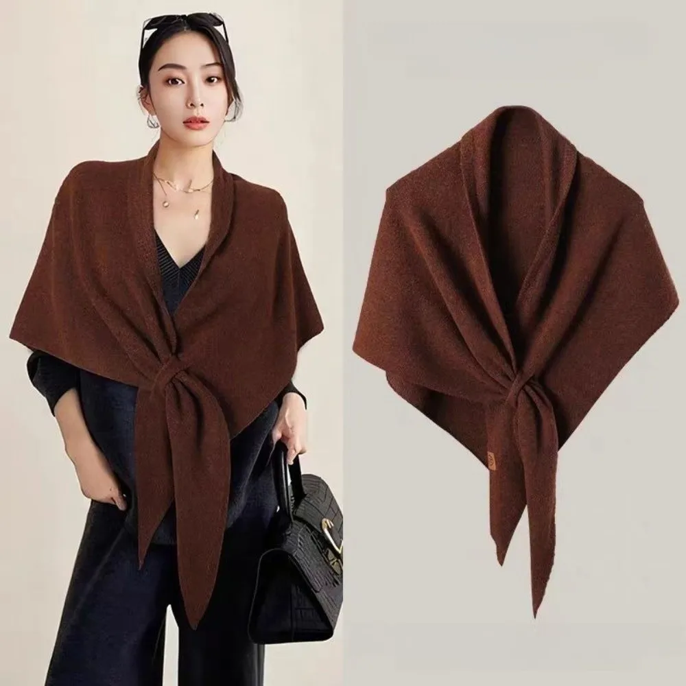 Casual Solid Color Knitted Shawl Soft Thickened Sweater Shawl Cape Neck Wrap Winter Warm Triangle Scarf