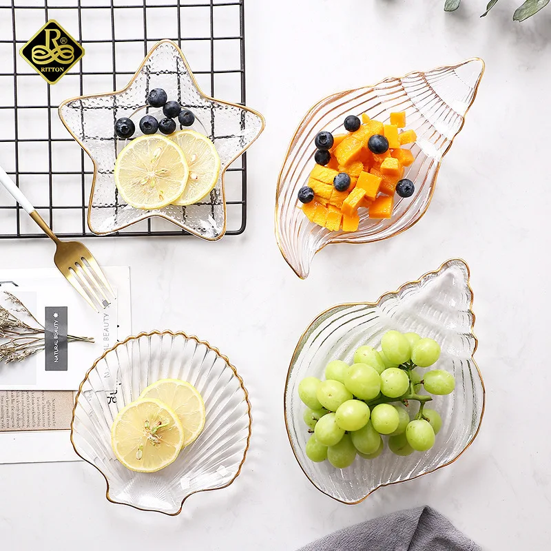 Ocean Glass Meal Plate Irregular Dessert Salad Dried Fruit Snack Decoration Sea Snail Sea Star Shell