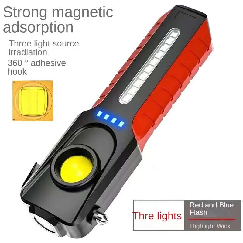 LED COB Flashlight With Safety Hammer Lifesaving USB Rechargeable With Magnet Power Bank Flashlight Outdoor Emergency work light