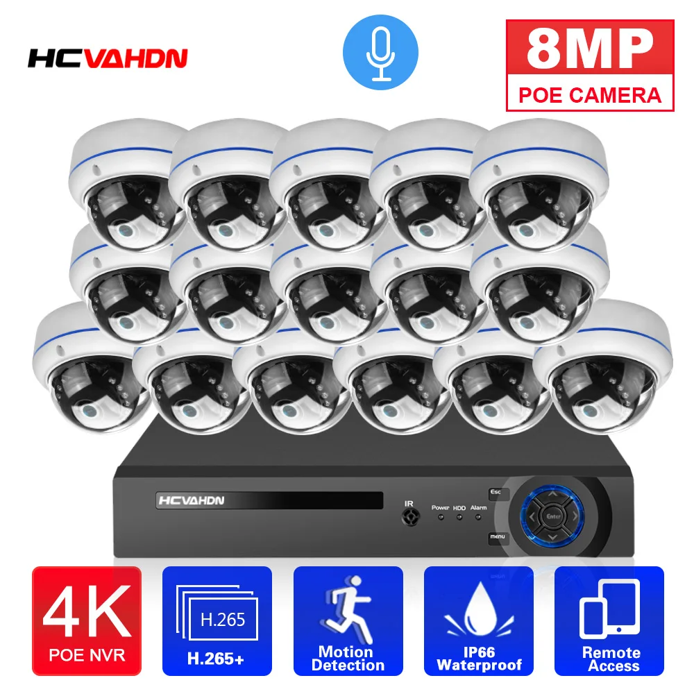 H.265 Cctv Camera Beveiligingssysteem Kit 4K 16ch Poe Nvr Kit Outdoor Audio Waterdichte Ip Dome Videobewakingscamera 'S Systeem Set