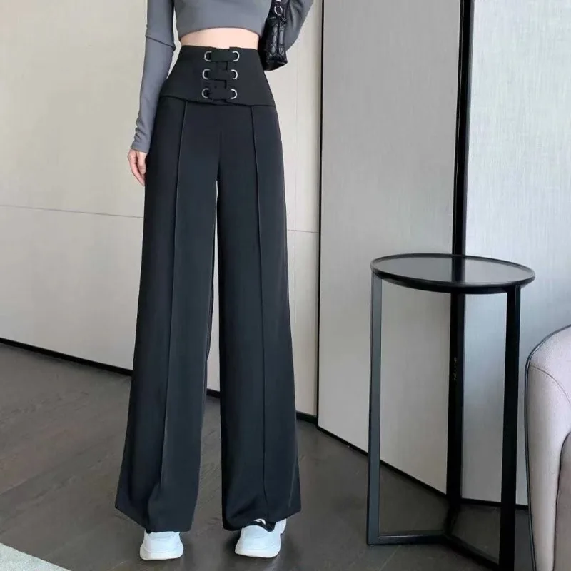 Women's Solid Color High Waisted Zipper Wide Leg Spring Autumn New Fashion Patchwork Bright Line Decoration Straight Suit Pants