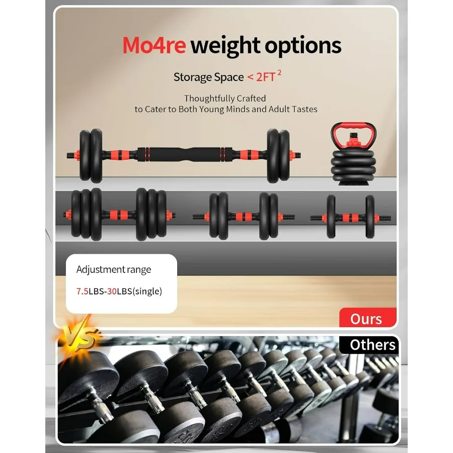 Adjustable Dumbbells,60LBS (30LBS*2) Free Weight Set with Connector, 4 in1 Dumbbells Set Used as Barbell/Kettlebells/Push up Sta