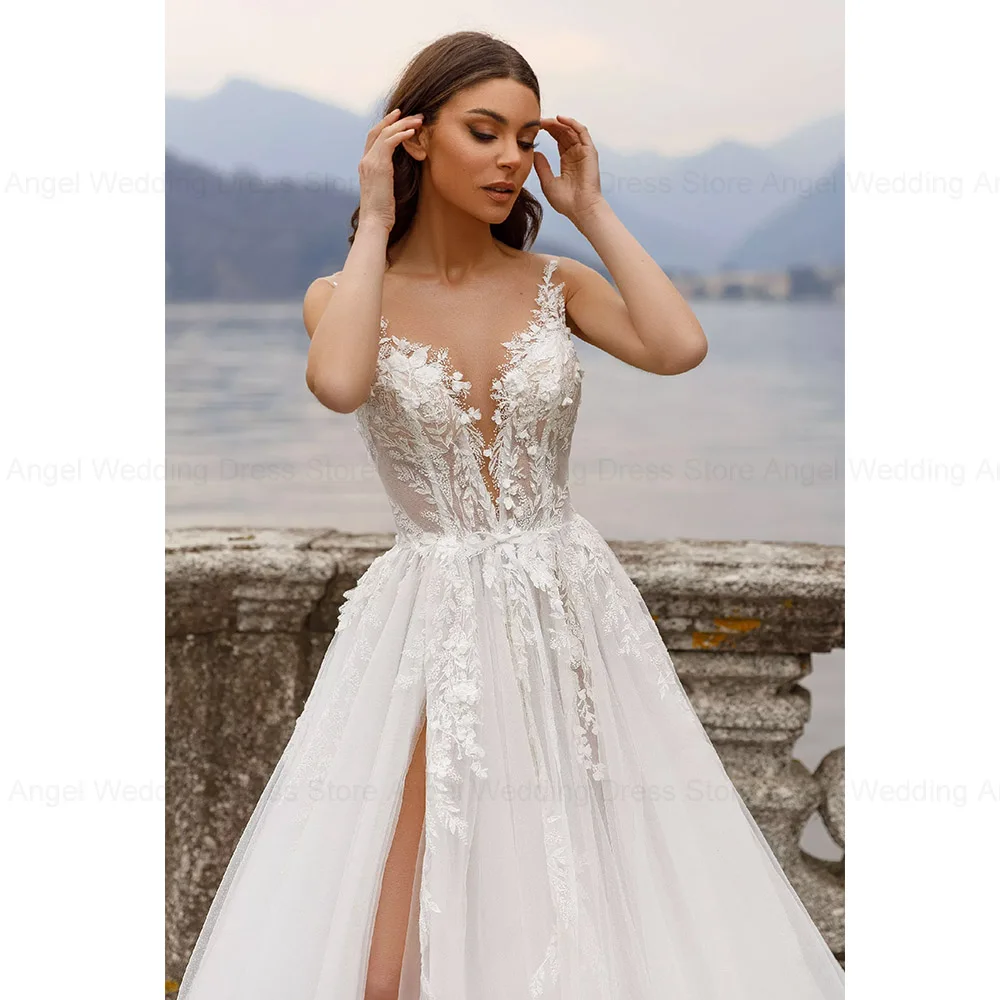 ANGEL Spaghetti Straps Wedding Dress For Women Tulle Sexy High Split Scoop-Neck Bridal Gown Illusion Backles Vestido De Noiva 3
