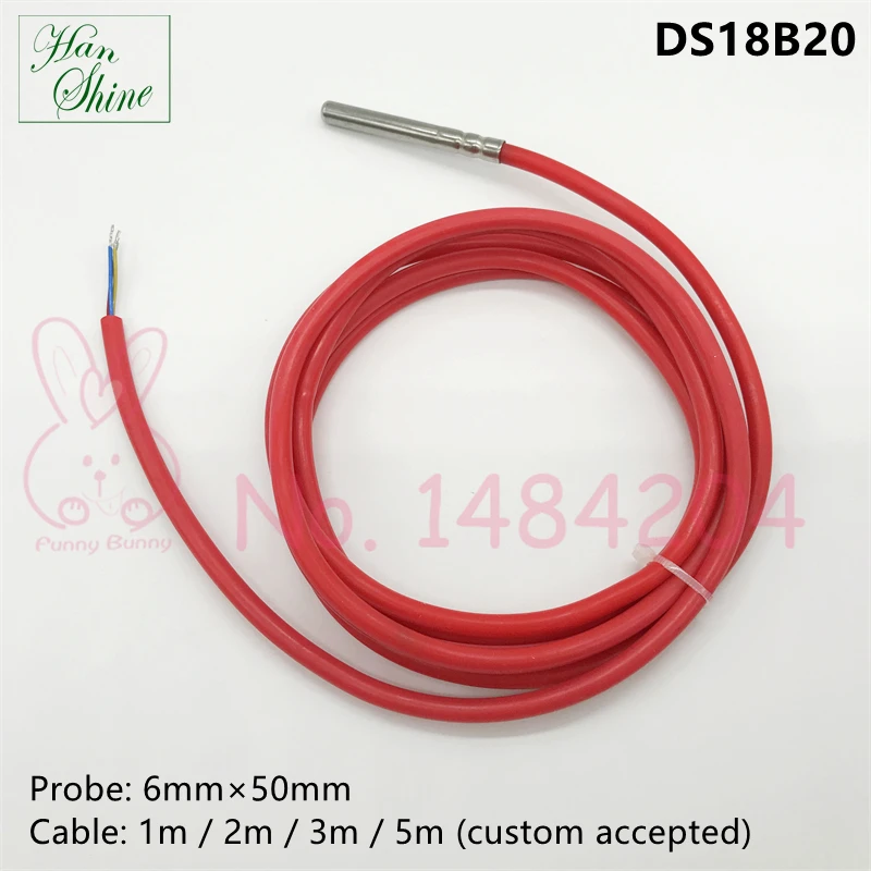 DS18B20 Waterproof Digital Temperature sensor 6mm * 50mm Stainless Steel Probe 18b20 1m 2m 3m 5m Silicone Cable
