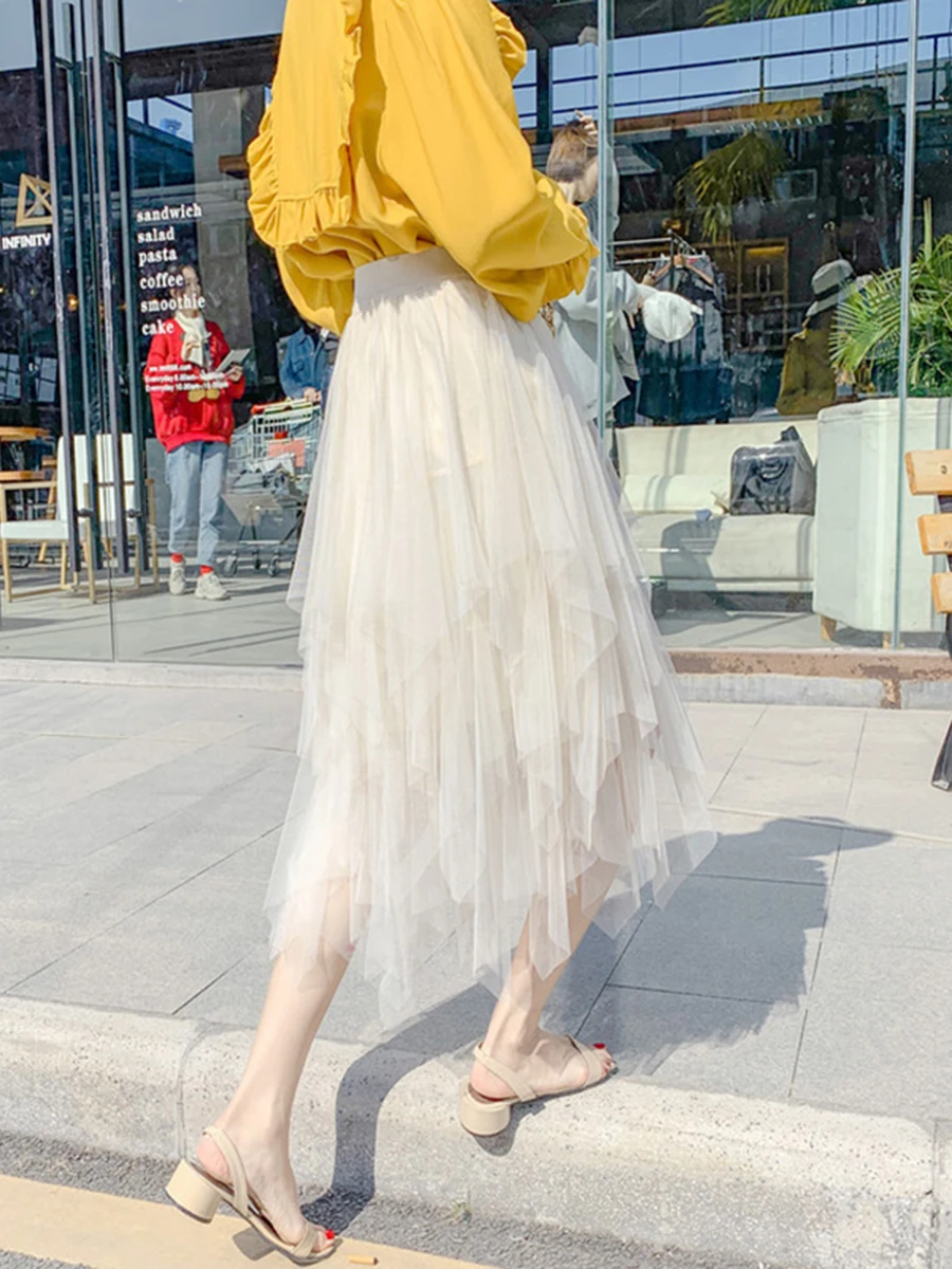 thumbnail image 2 of Skirts Women Summer A Line Pleated Midi 2 Layers Mesh Tulle Womens Fairy Patchwo 2 of 14