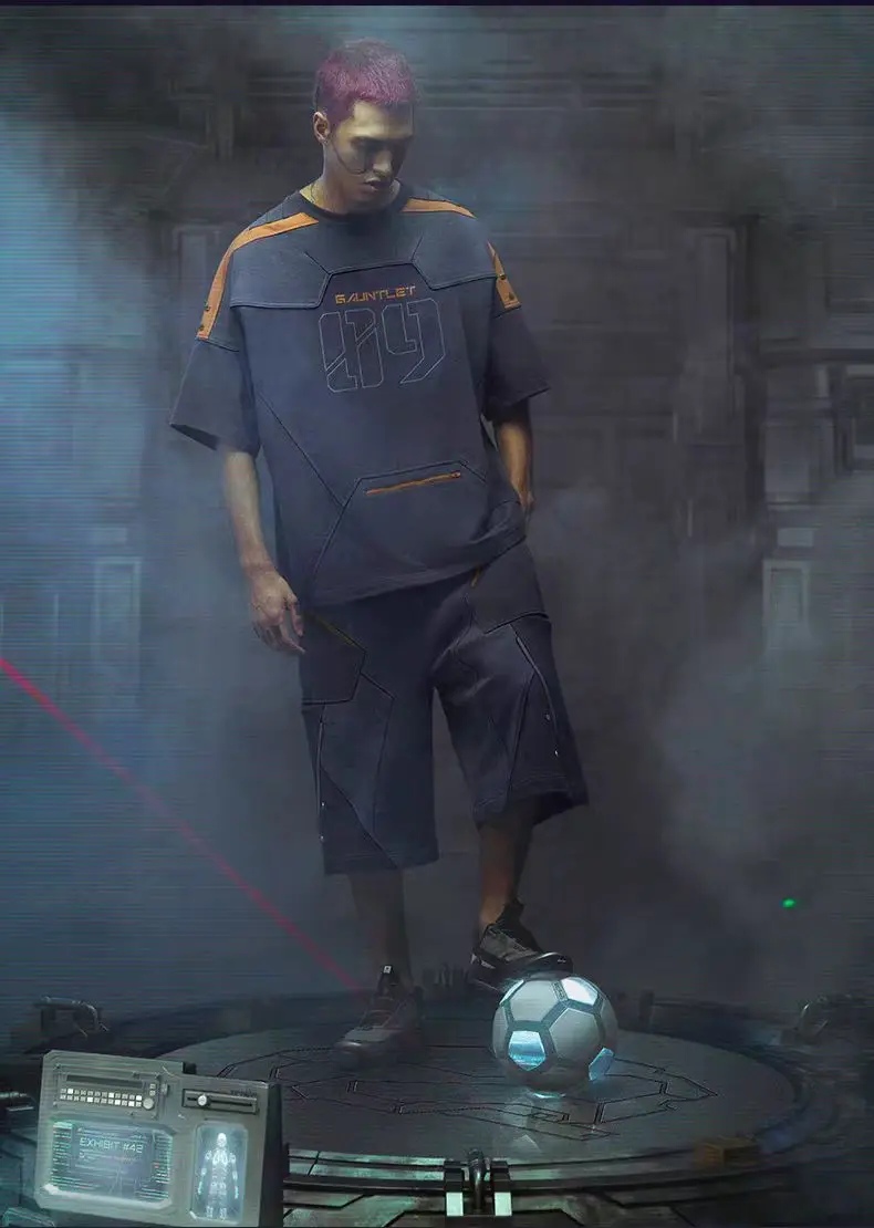 XEVIL cyberpunk  Loose sports style short sleeved t-shirt other colours layered stitching design shoulder and back sci-fi dystopian