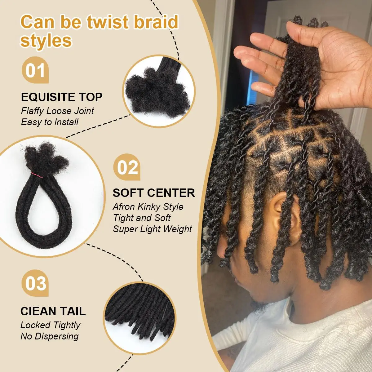 Estensioni Dreadlocks da 18 pollici, 10/40 fili, larghezza 0,6 cm, in veri capelli umani per uomo/donna, interamente fatte a mano, possono essere tinte 1B - immagine 3