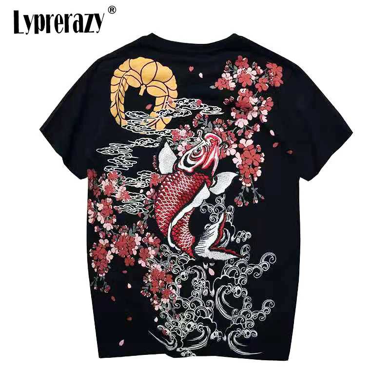 

Lyprerazy Japanese Harajuku Ukiyoe Vintage Embroidered T-shirt Men Short-sleeved Chinese Style Carp Fish Embroidery T Shirt