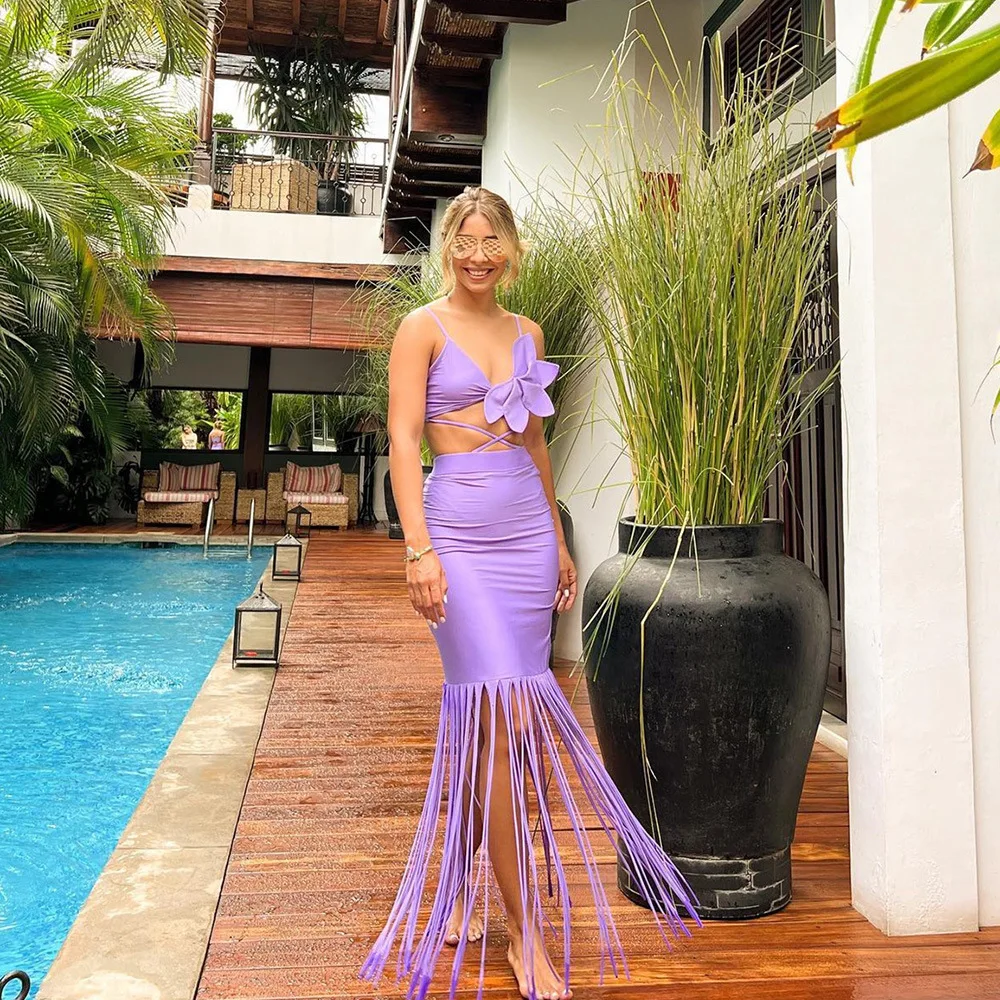 New Women's Purple Swimwear Split Three Piece Bikini One-piece Swimsuit Summer Beach Wear Cover Up