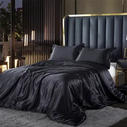 Luxurious Solid Silk Satin Bedding Set with Duvet Cover and Pillowcases - Full Size 4pcs (Black)