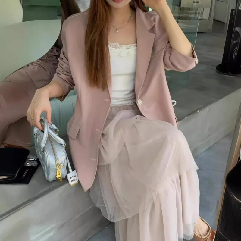 Real Shot Dongdaemun Spring New Heavy Industry Pink Suit Jacket Gentle High Waist Pleated Sweet Skirt Suit Rihgdss