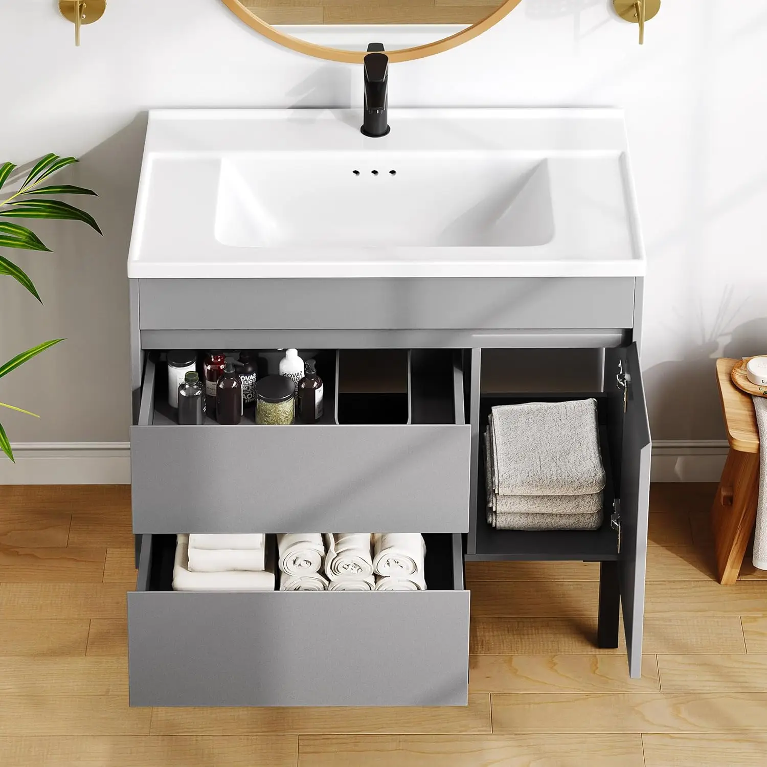 36 Inch Freestanding Bathroom Vanity Sink Combo with High-hardness Ceramic Basin Small Space Storage Adjustable Feet