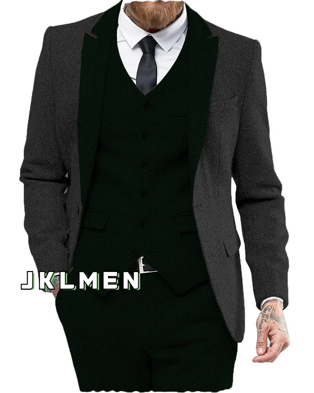 3 Piece Business Mens Suits  Tweed Herringbone Blazer Wool Tuxedo Stitching Style Groosemen for Wedding(Blazer+vest+Pants)