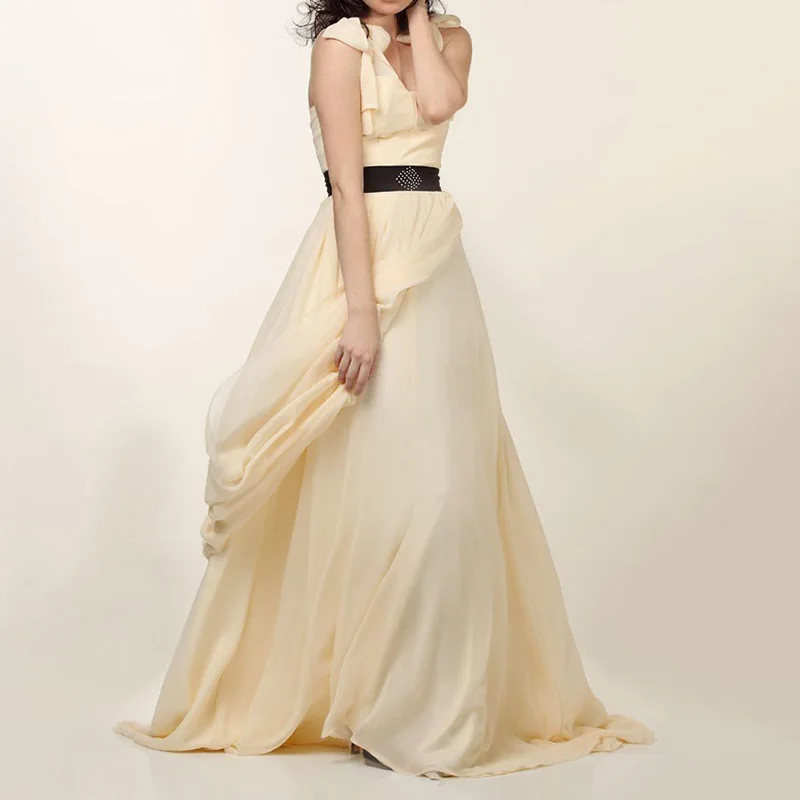 

Elegant Long Evening Dresses for Women Chiffon V-Neck Floor-Length A-Line with Belt Prom Party Special Event Wedding Guest 2023