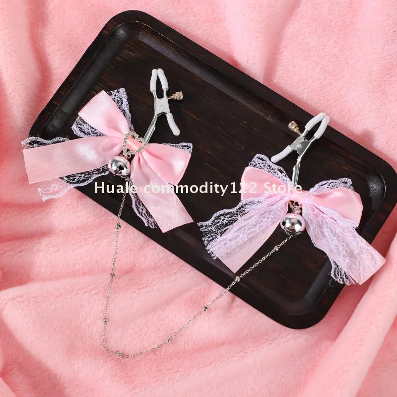1Pairs Polyester Fabric Cute Girl Style Lace Butterfly Knot Bell Nipple Clamps Adult Toy With Chain Sexy Teasing Accessory_voghion.com