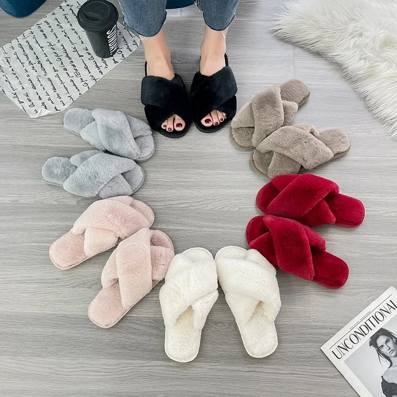 

House Slippers Women Winter Faux Fur Fashion Warm Shoes Woman Slip on Flats Female Slides Black Pink cozy home furry slippers