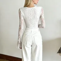 Chemise à manches longues en dentelle pour filles, douce et épicée, Design Sensation, coupe cintrée, haut court ajouré, chemise de Base transparente 3