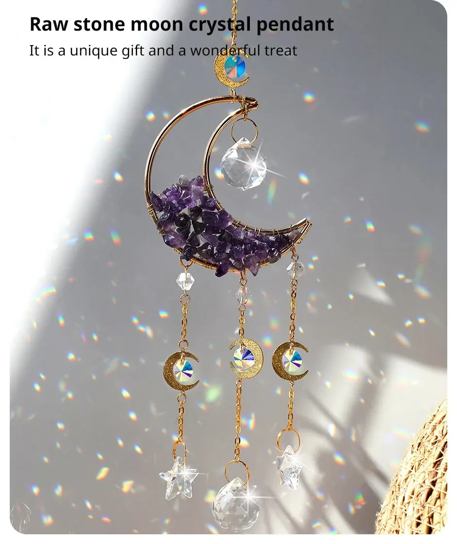 Description Picture 4 of item1 Piece Rainbow Made Crystal Suncatcher, Raw Stone Moon Home Decor for Garden Bedroom Balcony Pendant