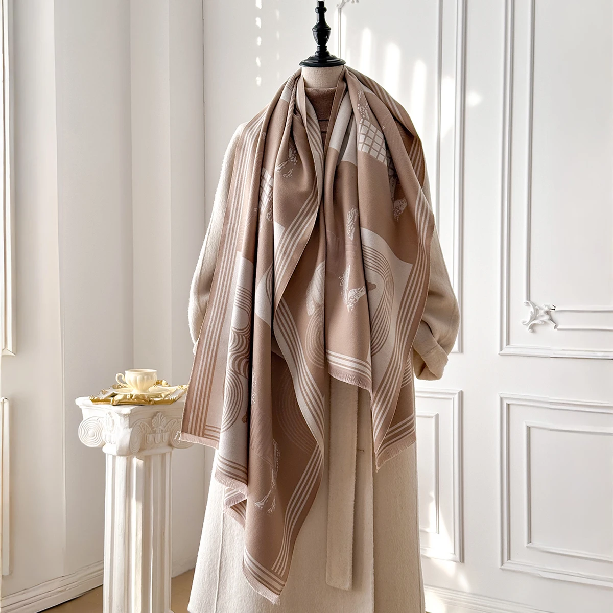 Brand Fashion Women's Winter Cashmere Shawl - Vintage Floral Printed Tasseled Oil Painting Style Pashmina Thick Wrap & Echarpe